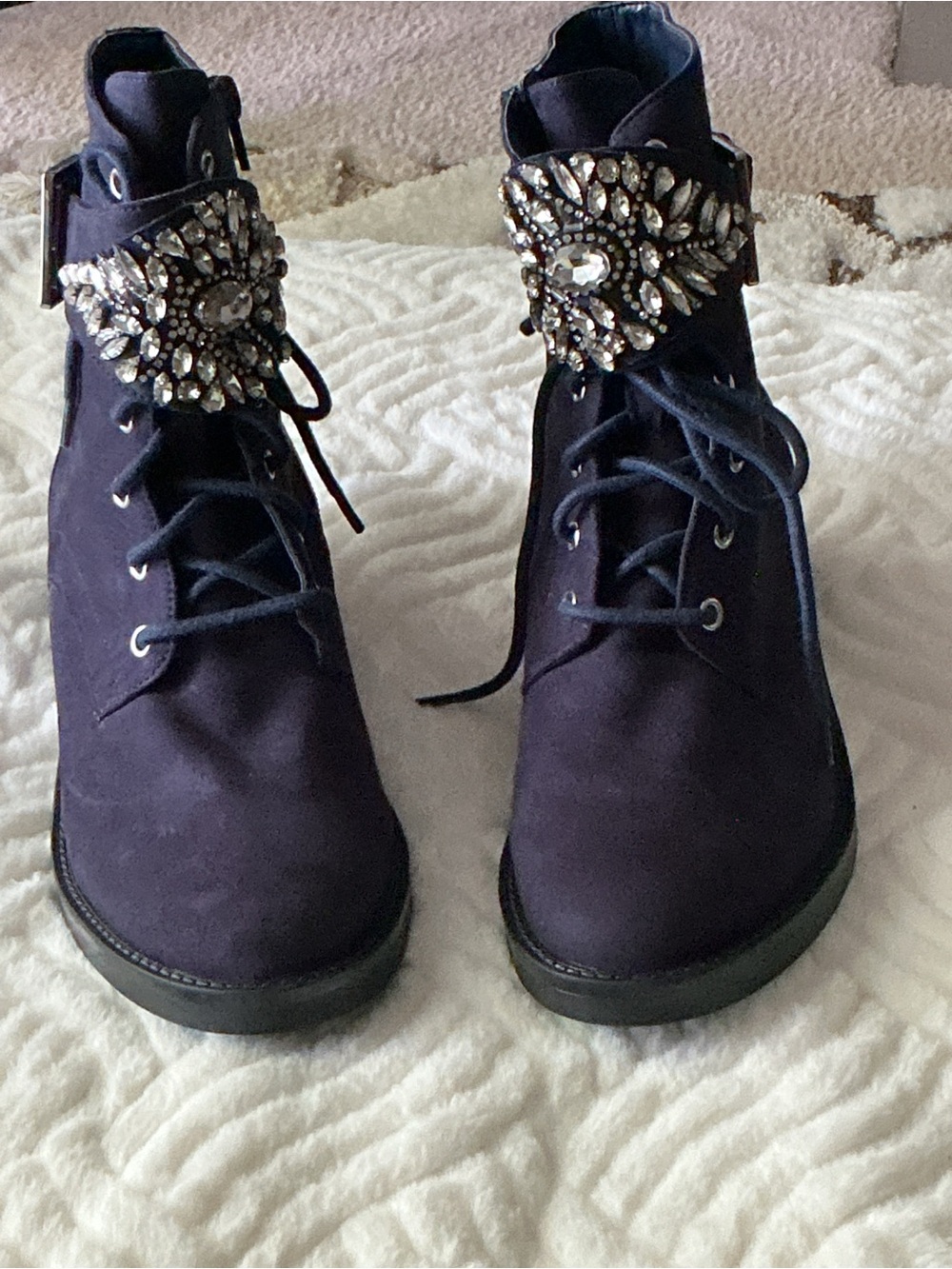 Nine West Navy Suede Lace-Up Ankle Boots with Crystal Buckle